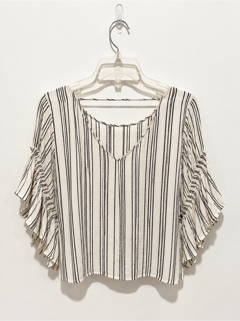 Altar’d State Cream Black Striped Ruffle Sleeve Blouse - Size Medium